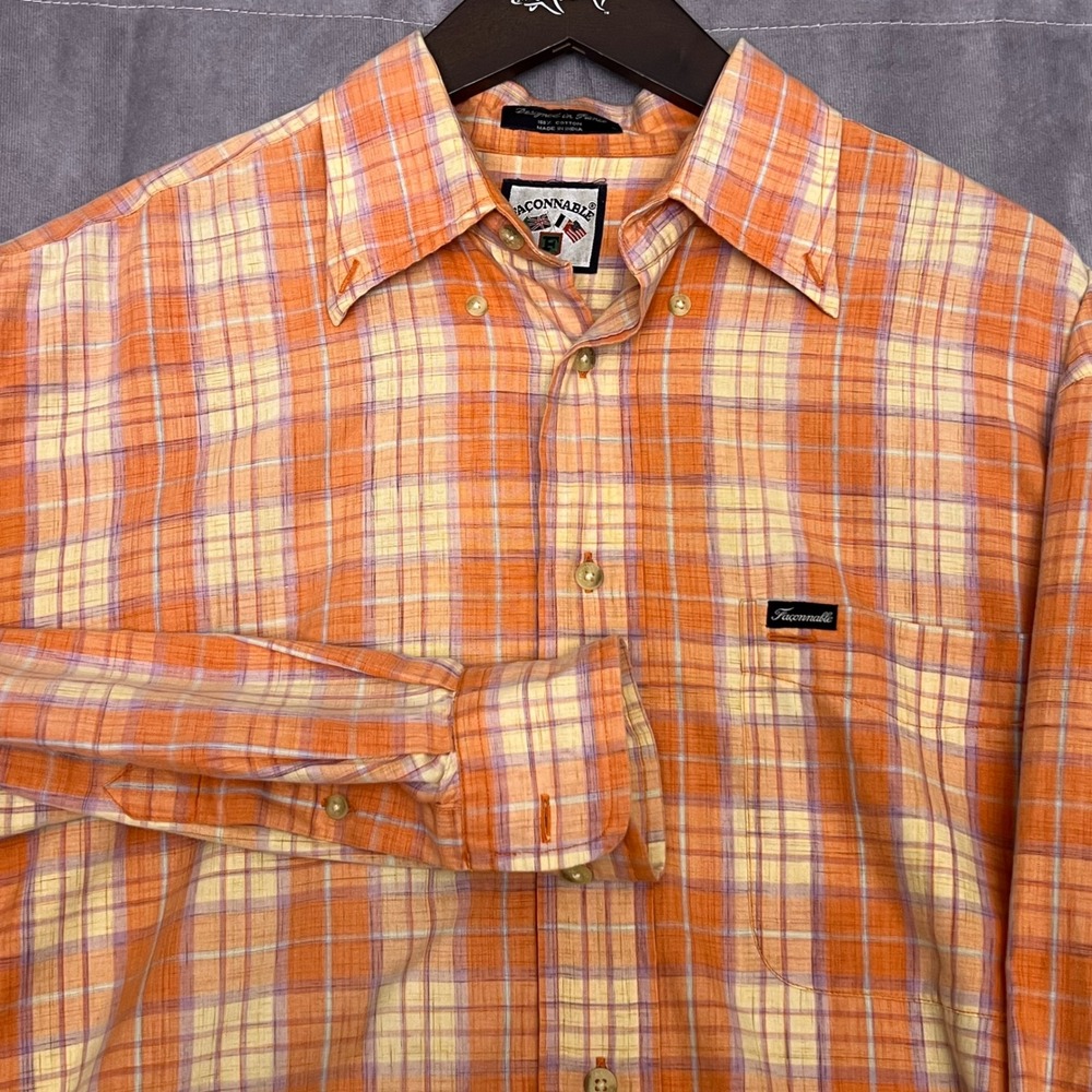 Faconnable Button Down Shirt Mens L Peach Plaid Cotton Long Sleeve Excellent